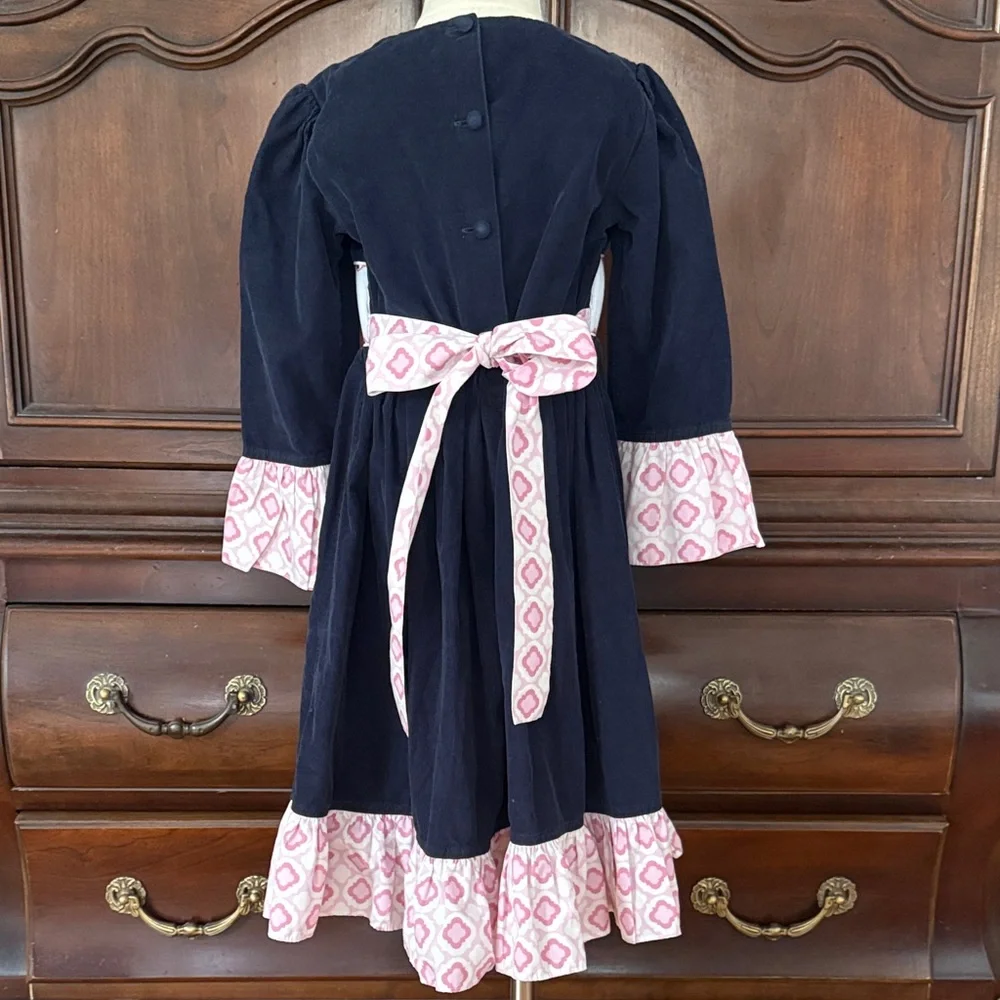 Shrimp & Grits Kids Elephant Applique Smocked Dress Girls 6 Navy Pink Tie Back B